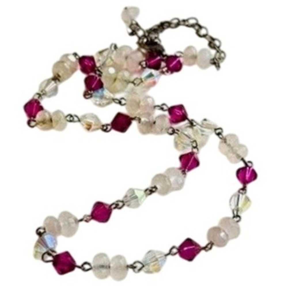 VTG Y2K‎ Crystal rose quartz beaded floating Necklace 925 Sterling choker 18"L